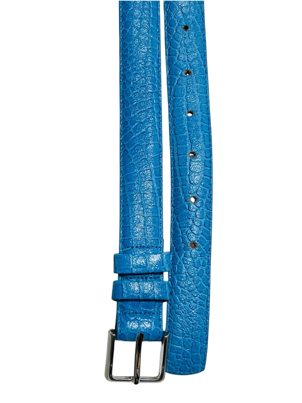 Women’s Croc-Embossed Slim Belt in Bright Blue with Silver Buckle